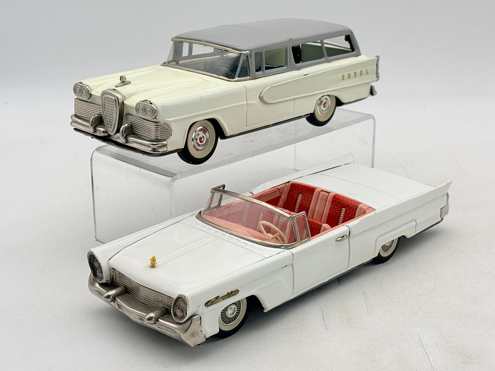 Lot 418: A Pair of Japanese Friction Tinplate Edsel and Lincoln Cars