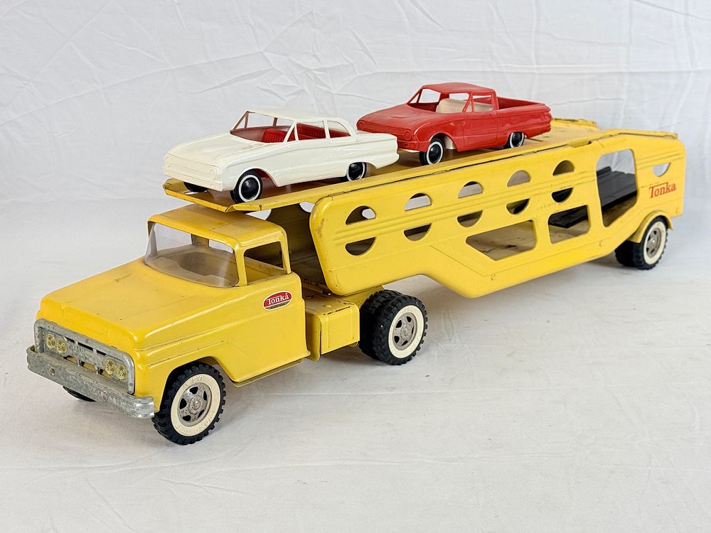 Lot 482: Tonka Motor Transport Car Carrier with Two Plastic Cars