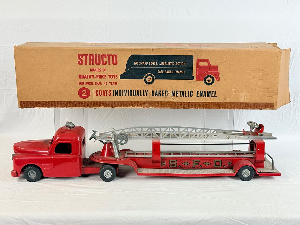 Lot 488: Structo Pressed Steel Articulated Aerial Ladder Fire Truck with Box #260