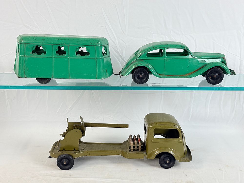 Lot 496: Two Kingsbury Pressed Steel Civilian and Military Toy Vehicles