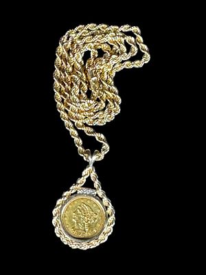 1873 2 1/2 GOLD LIBERTY HEAD COIN ON A ROPE CHAIN, 11 3/4" LENGTH 31 GRAMS