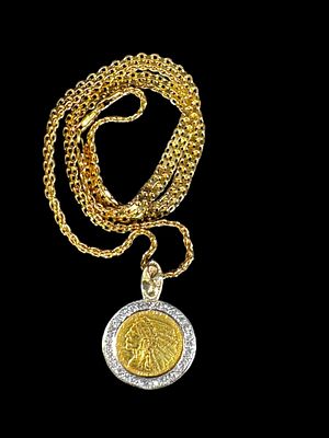 1908 2 1/2 GOLD INDIAN HEAD COIN ON A BOX CHAIN, DIAMOND BEZEL, 17 GRAMS 8"