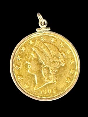 1905 20 DOLLAR LIBERTY GOLD COIN IN A GOLD BEZEL 37GR