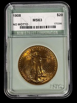 1908 ST GAUDENS MS63 20 SLABBED GOLD COIN. 1908 ST GAUDENS DOUBLE EAGLE MS63 20 SLABBED GOLD COIN