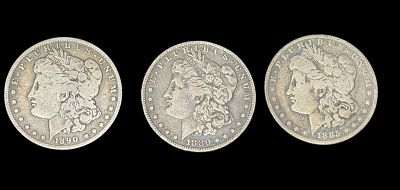 5 ANTIQUE MORGAN SILVER DOLLARS. 1887, 1890 1880, 1885, 1884. (3)