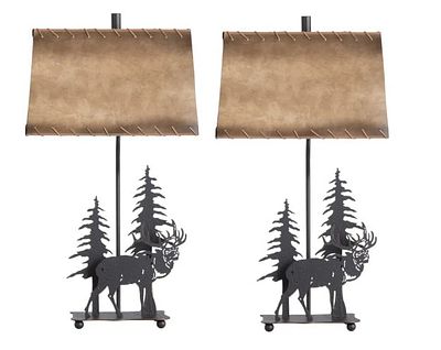PAIR OF EBONIZED METAL DEER & TREE FIGURAL LAMPS. PAIR OF EBONIZED METAL DEER &amp; TREE FIGURAL 
