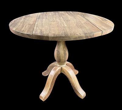 ROUND WEATHERED GRAY WOOD DROP LEAF TABLE. Height: 30 in. by Width: 36 in. by Depth: 36 in.