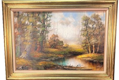 LANDSCAPE ACRYLIC ON CANVAS IN GILDED FRAME. ILLEGIBLE SIGNATURE. Height: 33 &amp; 24 in. by 