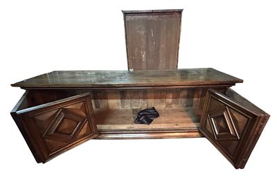 19th CENTURY OAK LOUIS XIV STYLE SIDEBOARD. 2 SETS OF FOLDING DOORS. Height: 38 in. by Width: 