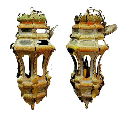 PR OF 17TH C. VENITIAN LANTERNS WITH TRACES OF PAINT. 26"H X 13" ROUND.