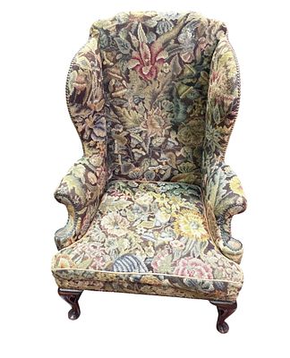 ANTIQUE ENGLISH NEEDLEPOINT WINGBACK CHAIR. same color on the wing back sides and on the back 