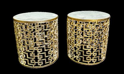 PAIR OF MARBLE TOP AND GILDED SIDE TABLES. Height: 15 in. by Width: 14 in.