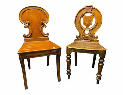 TWO 19th CENTURY ENGLISH HALL CHAIRS. Height: 35 in. by Width: 17 in.