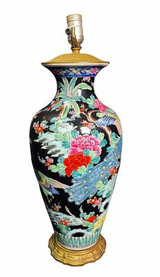 ANTIQUE FAMILE NOIR VASE CONVERTED TO A LAMP. Height: 23 IN.