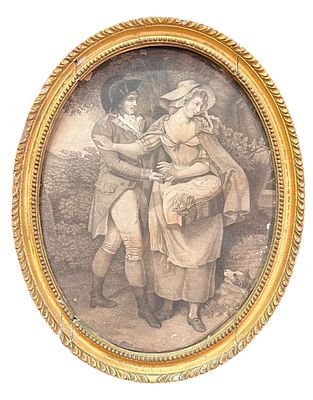 ANTIQUE FRENCH PRINT OF A COUPLE IN OVAL FRAME. Height: 18 in. by Width: 14 in. by Depth: 2 in.