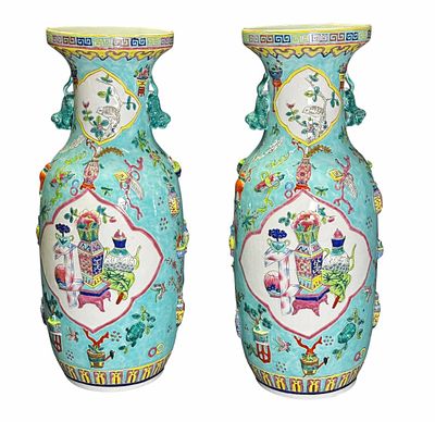 PR OF CHINESE FAMILE ROSE PORCELAIN VASE WITH TURQOISE GROUND AND RAISED SCHOLARS OBJECT , MARK 
