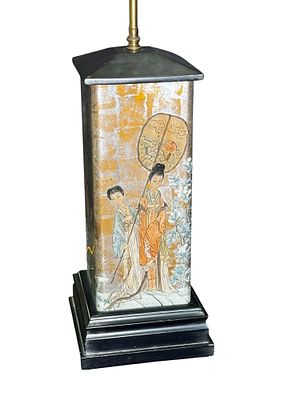 REVERSE GLASS PAINTED LAMP WITH CHINES FIGURES. Height: 34 in. by Width: 8 in. by Depth: 8 in.