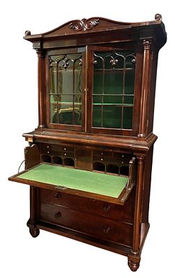 ANTIQUE MAHOGANY BUREAU SECRETARY IN THE EMPIRE STYLE. Height: 91 in. by Width: 51 in. by 