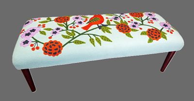 CREWEL UPHOLSTERED BENCH. Height: 18 in. by Width: 47 in. by Depth: 16 in.