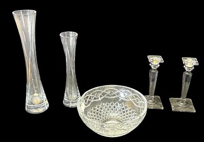 CRYSTAL BOWL, 2 GALAWAY VASES, PAIR OF CANDLESTICK. CRYSTAL BOWL, 2 GALAWAY CRYSTAL VASES, PAIR 