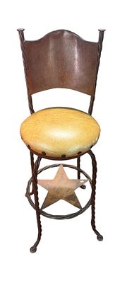 SINGLE LEATHER IRON SWIVEL BARSTOOL WITH TEXAS STAR. Height: 45 in. by Width: 16 in. by Depth: 