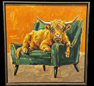 WOOLY COW IN A CHAIR ON CANVAS. 32 &amp; 30 in. high by 32 &amp; 30 in. wide by 2.5 in. deep.