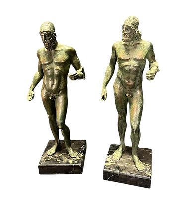 PAIR OF GREEK MYTHOLOGICAL BRONZE PATINAED METAL FIGURES ON MARBLE BASES. Height: 20 in. by 