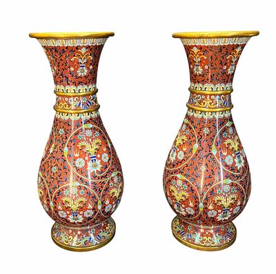 PAIR OF VINTAGE GILT AND CLOISONNE ENAMEL VASES. Height: 15.5 in. by Width: 7 in. by Depth: 7 in.