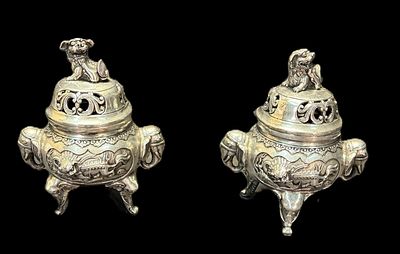 PAIR OF CHINESE WHITE COPPER TIGER INCENSE BURNERS Height: 7 in. by Width: 6.5 in. by Depth: 5 IN.