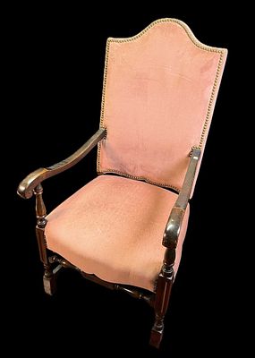 FRENCH ROSE VELVET UPHOLSTERED ARMCHAIR. Height: 47 in. by Width: 24 in. by Depth: 24 in.
