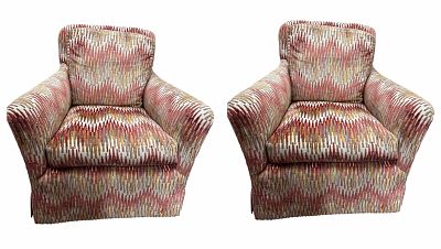 PAIR OF UPHOLSTERED SWIVEL CLUB CHAIRS. 35"H X 33"W X 36"D.