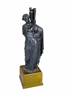 19TH C CLASSICAL BRONZE FIGURE ON BRASS STAND. 19TH C. CLASSICAL BRONZE FIGURE ON BRASS STAND 