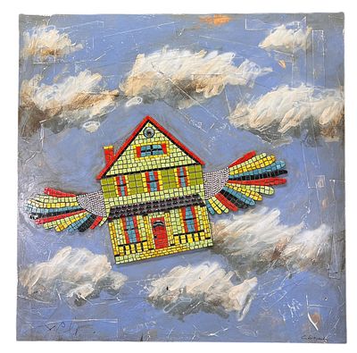 MIXED MEDIA FLYING HOUSE PAINTING. Height: 48 in. by Width: 48 in. by Depth: 2 in.