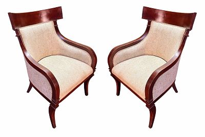 PAIR OF EMPIRE WALNUT UPHOLSTERED ARMCHAIRS. Height: 39 in. by Width: 25.5 in. by Depth: 30 in. 