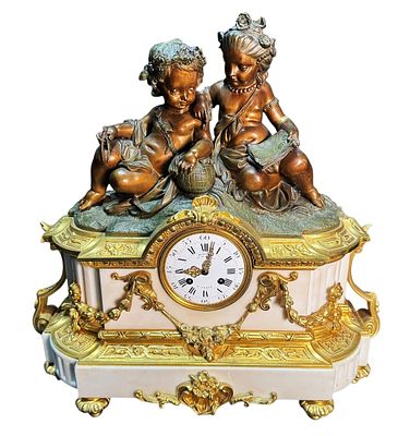 19th CENTURY BRONZE AND MARBLE MANTLE CLOCK.