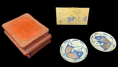 ORIENTAL ASSORTMENT - 4 PIECES. ORIENTAL CINNABAR DISPLAY STAND 11"X15"X7.25", JAPANESE PAINTING 