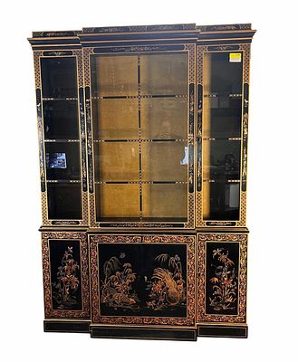 LACQUER PAINTED CHINOISERIE CHINA CABINET WITH INTERNAL LIGHTING. Height: 78 in. by Width: 54.5 