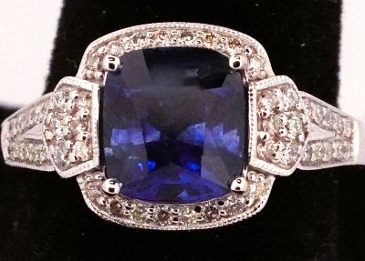 PLATINUM SAPPHIRE & DIAMOND RING. PLATINUM 2.94CT SAPPHIRE &amp; 48-0.33CT DIAMOND RING. SIZE 7. 