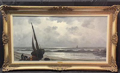 FRANCOIS CARBU "REFLET DE LUNE SUR LA COTE" LARGE MARINE PAINTING DEPICTING A BRETON COASTAL 