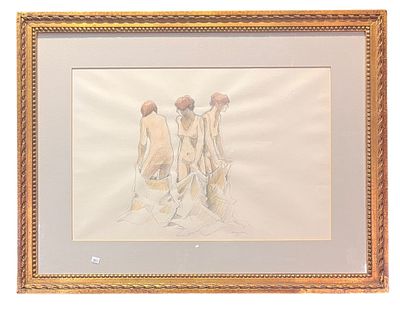 WILLIAM ANZALONE "NUDE FEMALES" DRAWING. FRAMED &amp; MATTED SIGNED LOWER, MIDDLE RIGHT. 