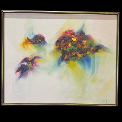 MID-CENTURY SIGNED ABSTRACT OIL ON CANVAS. SIGNED BY ARTIST "YOUNG." FRAMED. Height: 31.25 in. 