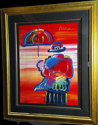 PETER MAX "UMBRELLA MAN" MIXED MEDIA WITH ACRYLIC AND COLOR LITHOGRAPHY ON PAPER. SIGNED IN 