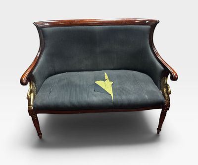 EMPIRE SETTEE WITH CARVED SWANS ON THE ARMS. NEEDS REUPHOLSTERY. Height: 38 in. by Width: 48.5 