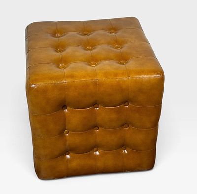 SQUARE BUTTON TUFTED LEATHER OTTOMAN. Height: 19 in. by Width: 19 in.