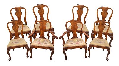 SET OF 8 CIRCA 1780 QUEEN ANNE STYLE CHAIRS WITH NEEDLE POINT SEATS. 2 ARM / 6 SIDE WITH URN 