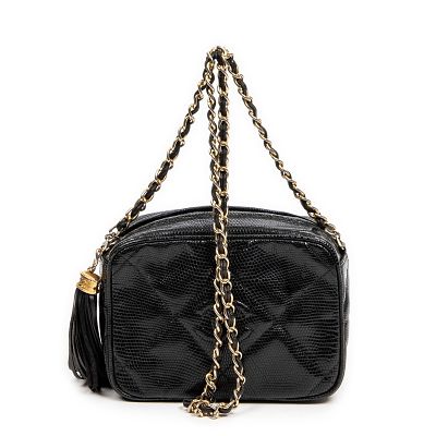 Chanel Mini Camera Tassel Shoulder Bag. Made from Quilted Lizard Embossed Leather with 