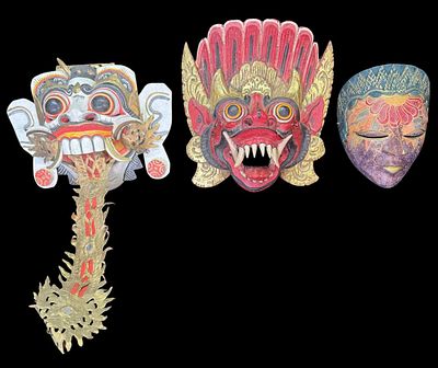 GROUP OF THREE MASKS FROM INDONESIA. BALINESE, BARONG AND DECORATIVE STYLE. Height: 11 in. by 