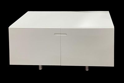 CONTEMPORARY WHITE METAL CABINET WITH THREE DRAWERS. Height: 25 in. by Width: 38 in. by Depth: 