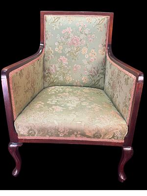 VINTAGE UPHOLSTERED WOOD FRAME ARMCHAIR Height: 35 in. by Width: 24 in. by Depth: 20.5 in.