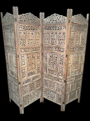 CARVED FOUR PANEL SCREEN FROM INDIA., FEATURING SHAPED CREST RAILS, AND EXTENSIVE PIERCED 